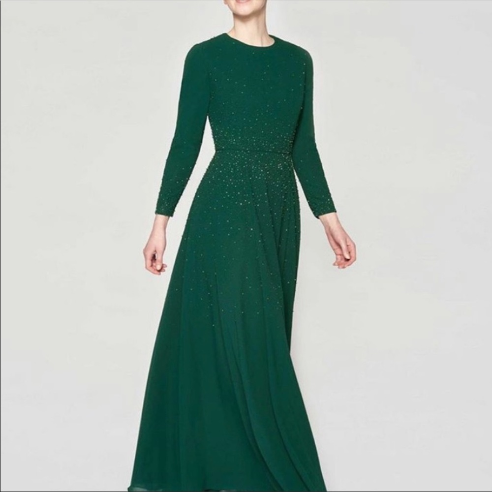 Inayah Beaded Maxi Ballgown Dress Green Teal Formal Layered Long Sleeve Medium